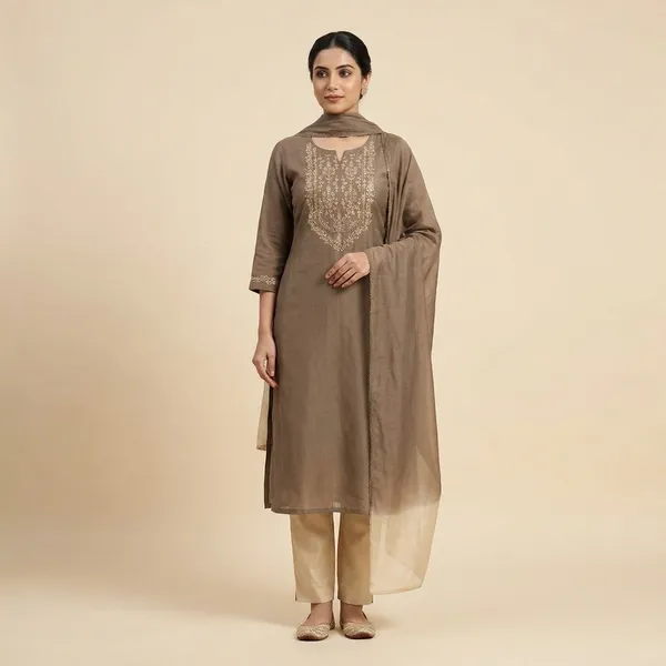 Brown_Chanderi_Silk_Straight_Embroidered_Kurta_Set_For_Women
