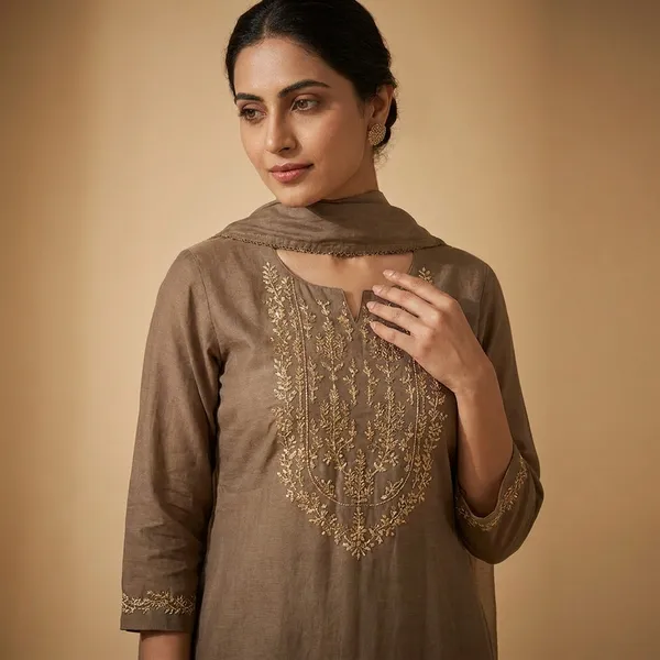 Brown_Chanderi_Silk_Straight_Embroidered_Kurta_Set_For_Women