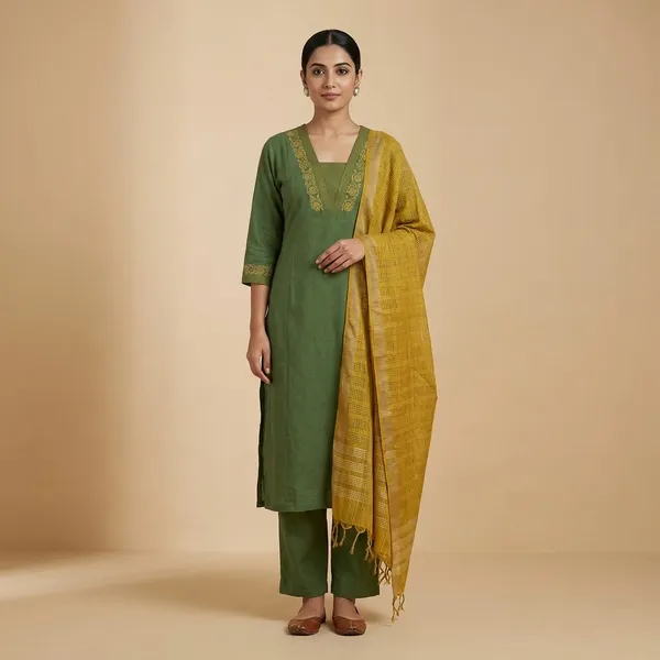 Green_Cotton_Handloom_Straight_Embroidered_Kurta_Set_For_Women