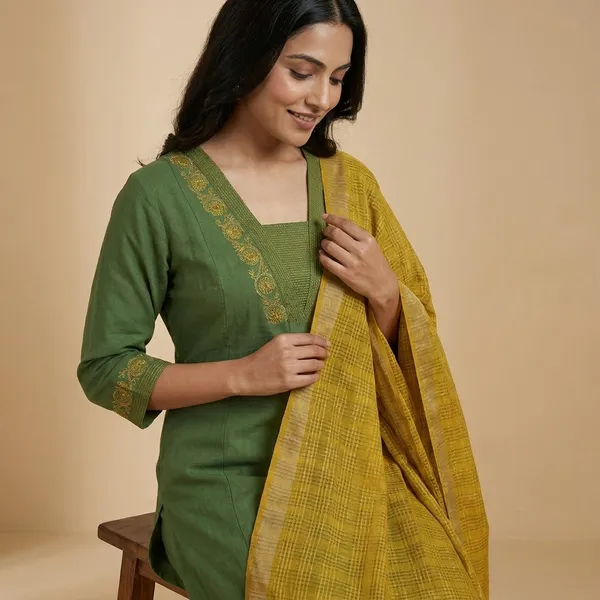 Green_Cotton_Handloom_Straight_Embroidered_Kurta_Set_For_Women