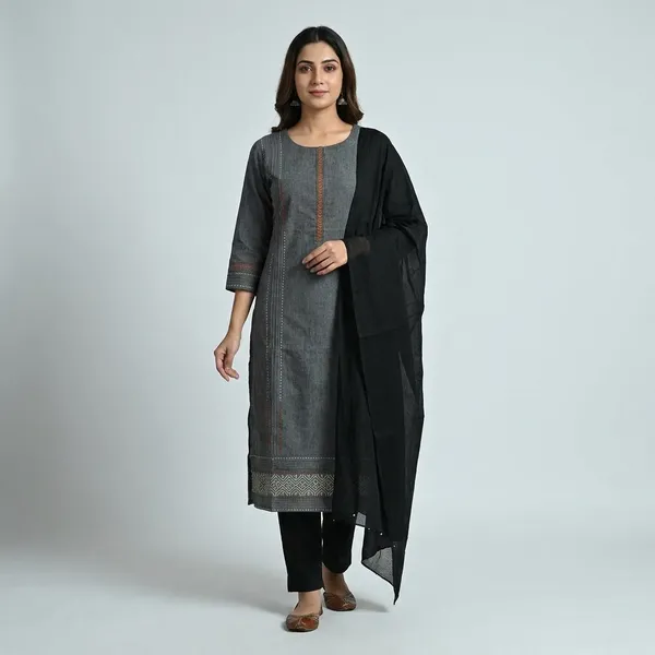 Grey_Cotton_Handloom_Embroidered_Kurta_Set_For_Women