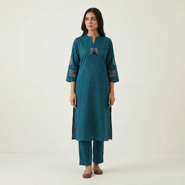 Teal_Cotton_Embellished_Straight_Kurta_Set_For_Women