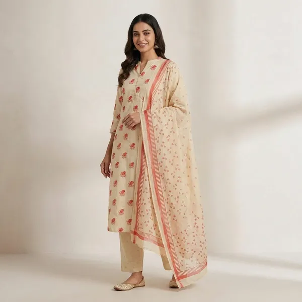 Cream_Cotton_Floral_Printed_Kurta_Set_For_Women
