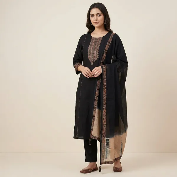 Black_Cotton_Handloom_Embroidered_Straight_Kurta_Set_For_Women
