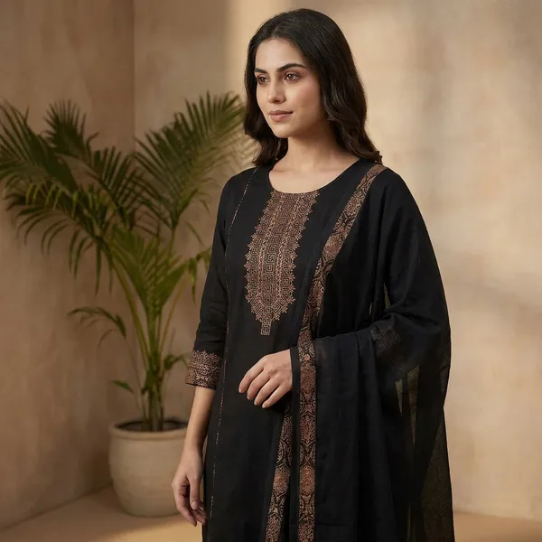 Black_Cotton_Handloom_Embroidered_Straight_Kurta_Set_For_Women
