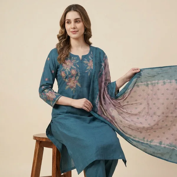 Teal_Chanderi_Embroidered_Kurta_Set_For_Women