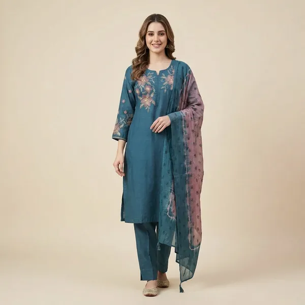 Teal_Chanderi_Embroidered_Kurta_Set_For_Women