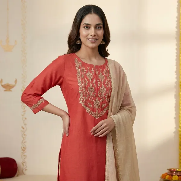 Red_Cotton_Silk_Embroidered_Straight_Kurta_Set_For_Women