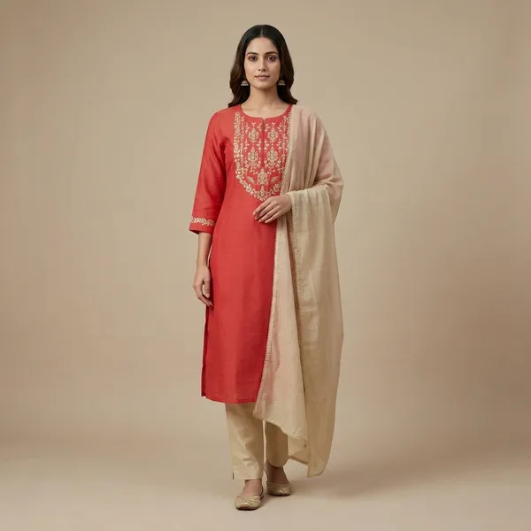 Red_Cotton_Silk_Embroidered_Straight_Kurta_Set_For_Women