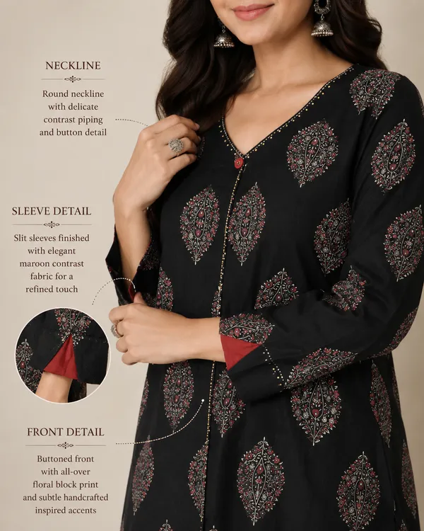V_neck_printed_Black_cotton_kurta