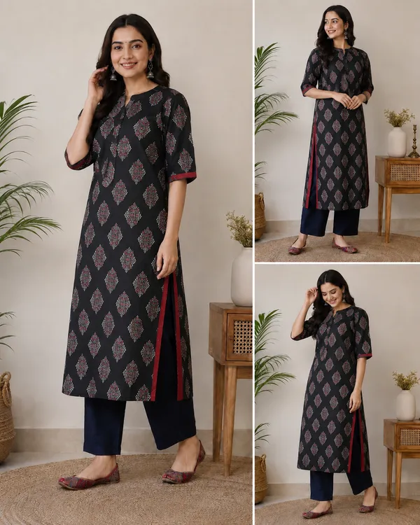 V_neck_printed_Black_cotton_kurta