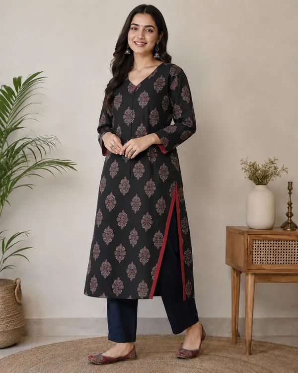V_neck_printed_Black_cotton_kurta