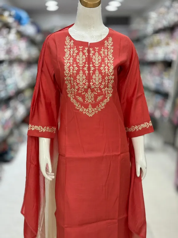 Red_Cotton_Silk_Embroidered_Straight_Kurta_Set_For_Women