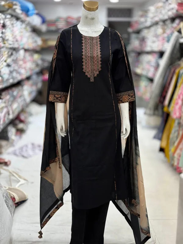 Black_Cotton_Handloom_Embroidered_Straight_Kurta_Set_For_Women
