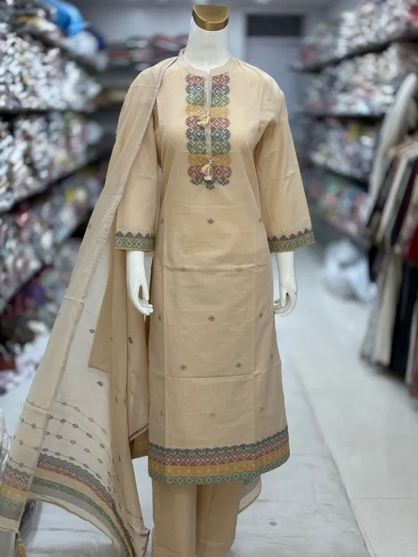 Beige_Cotton_Jamdani_Embroidered_Kurta_Set_For_Women