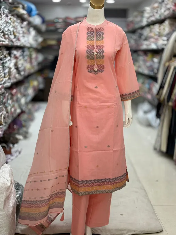 Peach_Cotton_Jamdani_Straight_Embroidered_Kurta_Set_For_Women