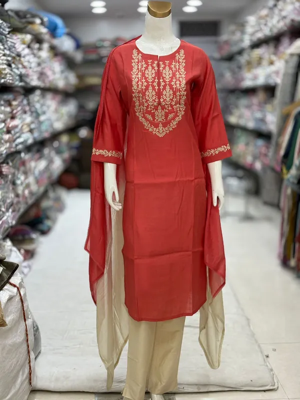 Red_Cotton_Silk_Embroidered_Straight_Kurta_Set_For_Women