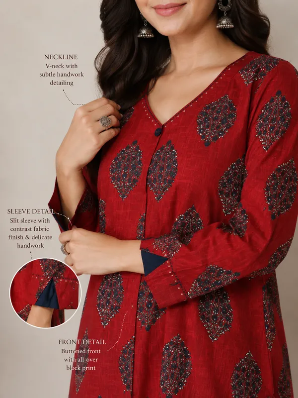 Printed_Red_Long_Kurta_in_A_line_pattern_