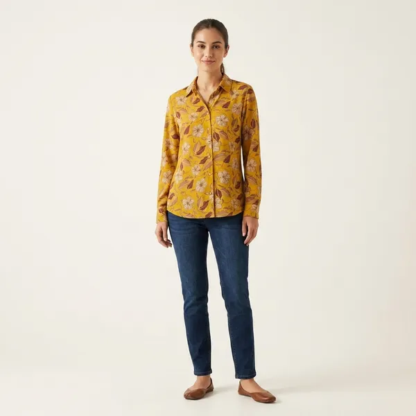 Mustard_Yellow_Floral_Print_Half_Sleeve_Top_For_Women