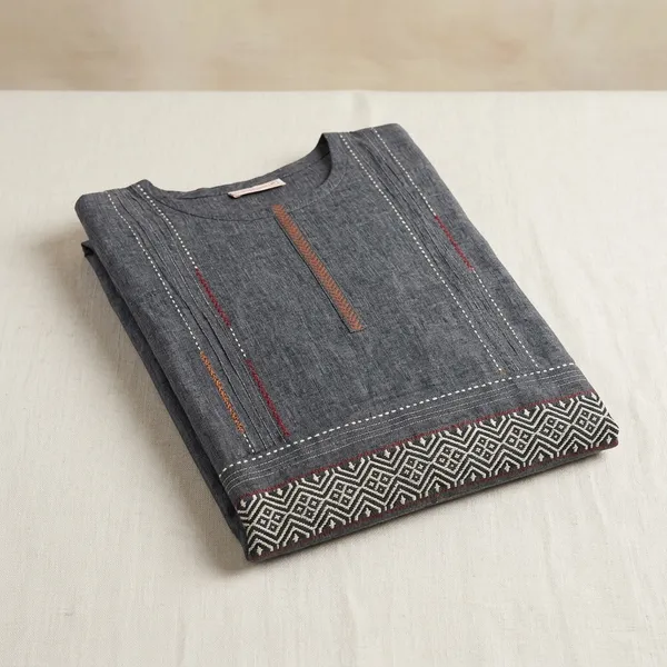 Grey_Handloom_Cotton_Kurta_With_Embroidered_Detailing_For_Women_(Kurta_Only)