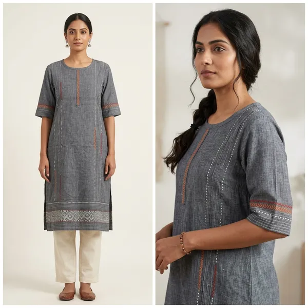 Grey_Handloom_Cotton_Kurta_With_Embroidered_Detailing_For_Women_(Kurta_Only)