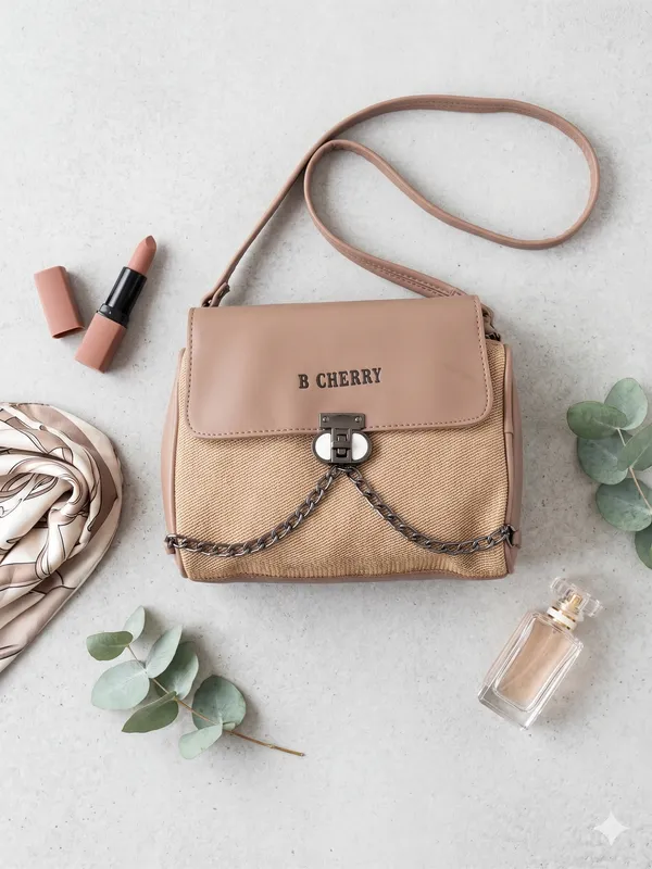 Peach_Canvas_Faux_Leather_Chain_Detail_Sling_Bag_For_Women