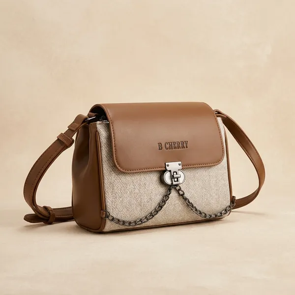 Grey_Canvas_Faux_Leather_Trim_Chain_Detail_Crossbody_Bag_For_Women