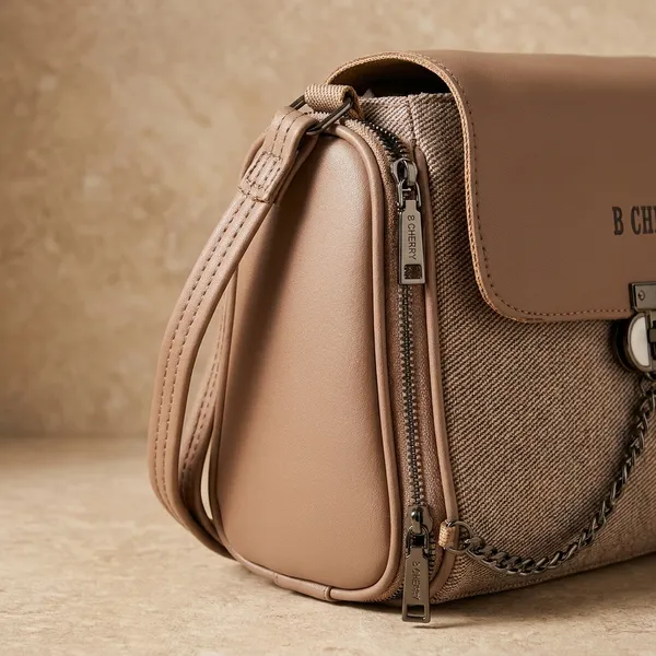 Brown_Canvas_Faux_Leather_Trim_Flap_Shoulder_Bag_For_Women