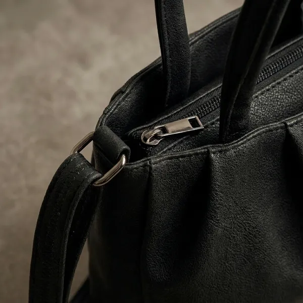 Black_Faux_Leather_Pleated_Structured_Shoulder_Bag_For_Women