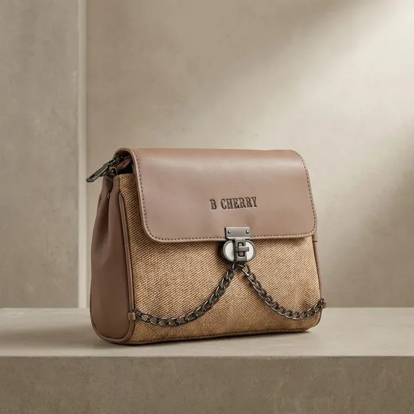 Beige_Canvas_Faux_Leather_Trim_Dual_Compartment_Sling_Bag_For_Women