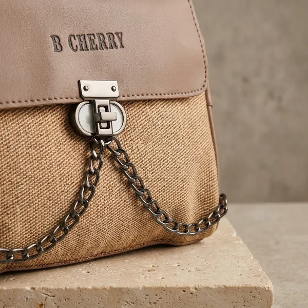 Beige_Canvas_Faux_Leather_Trim_Dual_Compartment_Sling_Bag_For_Women