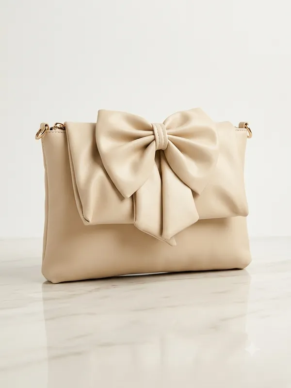 Cream_Faux_Leather_Bow_Accent_Fold_Over_Cross_Body_Bag_For_Women