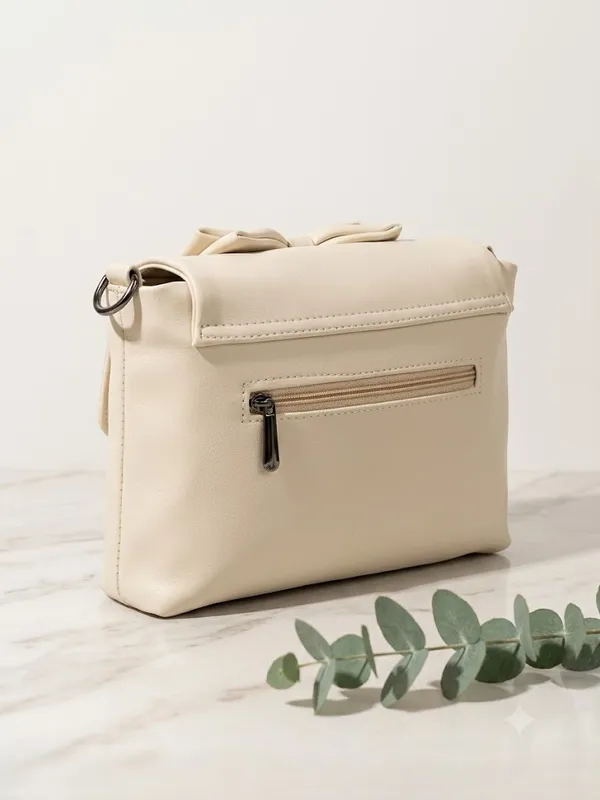 Cream_Faux_Leather_Bow_Accent_Fold_Over_Cross_Body_Bag_For_Women