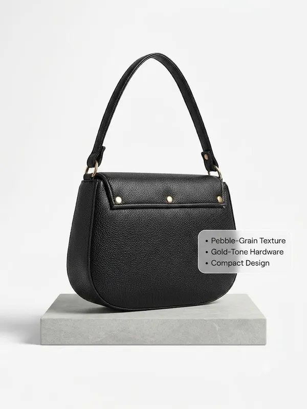 Black_Faux_Leather_Gold_Emblem_Flap_Shoulder_Bag_For_Women