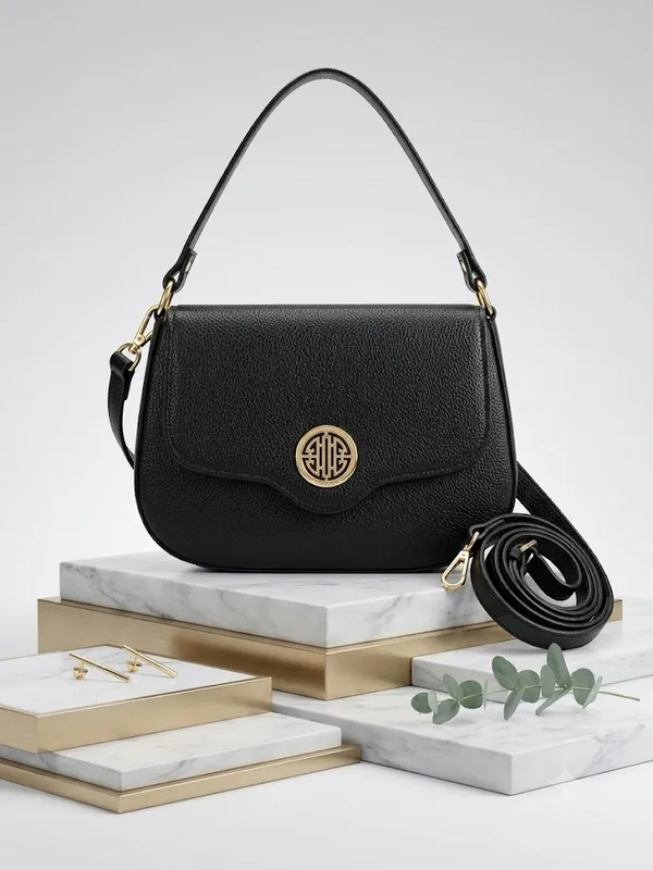 Black_Faux_Leather_Gold_Emblem_Flap_Shoulder_Bag_For_Women