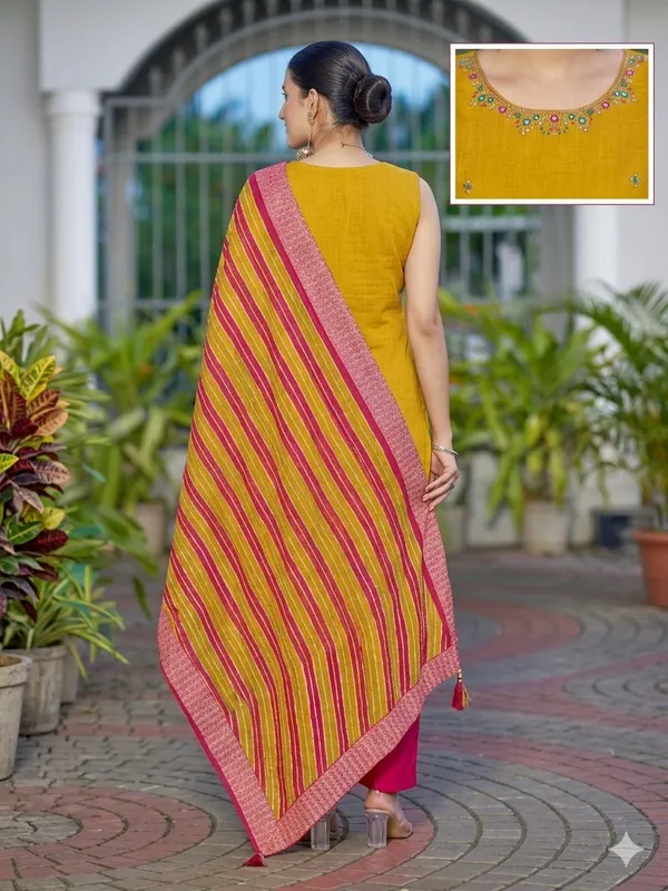 Mustard_Yellow_Cotton_Straight_Kurta_Set_With_Striped_Dupatta_For_Women