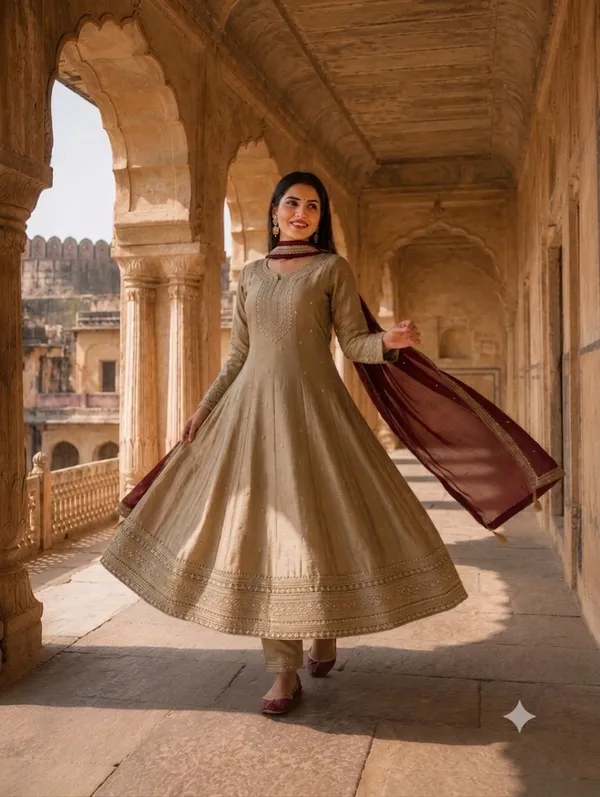 Beige_Polyester_Silk_Embroidered_Anarkali_Suit_Set_With_Maroon_Dupatta_For_Women
