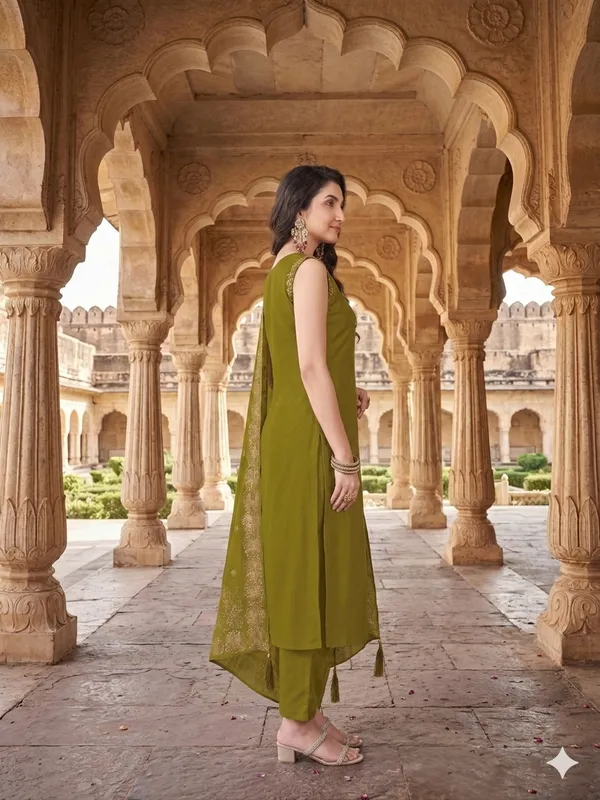 Olive_Green_Silk_Sleeveless_Embroidered_Kurta_Set_With_Dupatta_For_Women