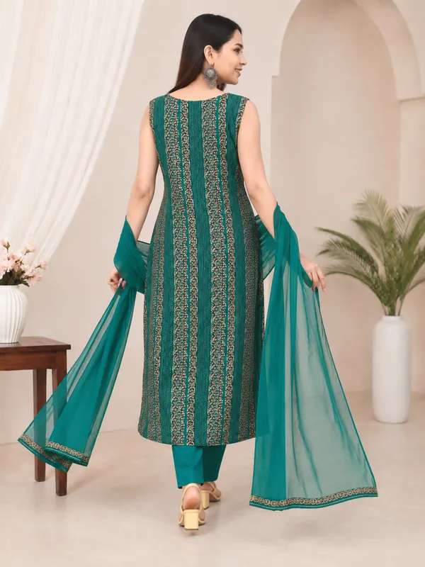 Teal_Rayon_Cotton_Sleeveless_Anarkali_Suit_Set_For_Women