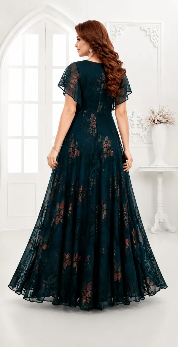 Teal_Green_Silk_Floral_Printed_Flutter_Sleeve_Anarkali_Gown_For_Women