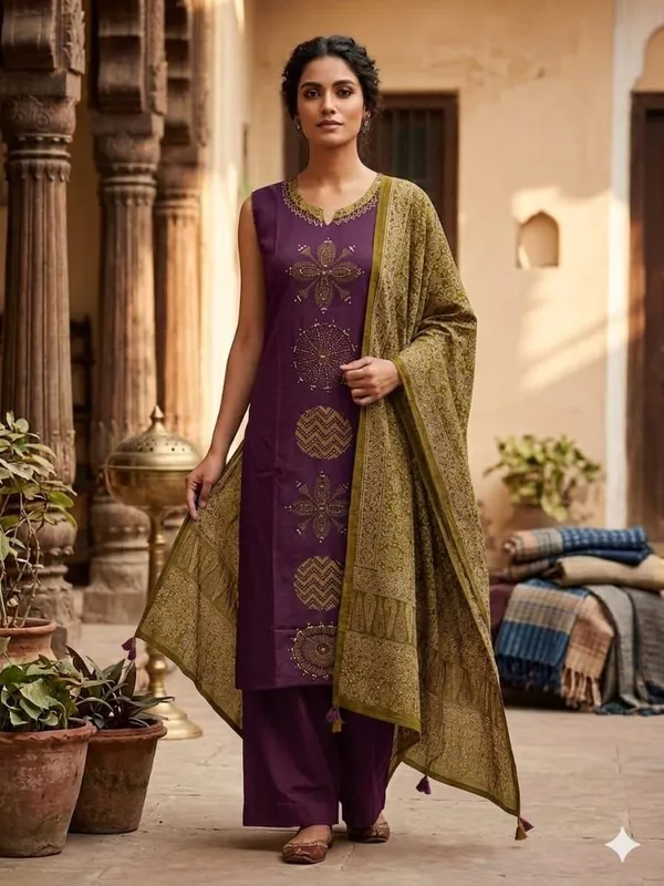 Purple_Embroidered_Kurta_Set_With_Olive_Dupatta_For_Women