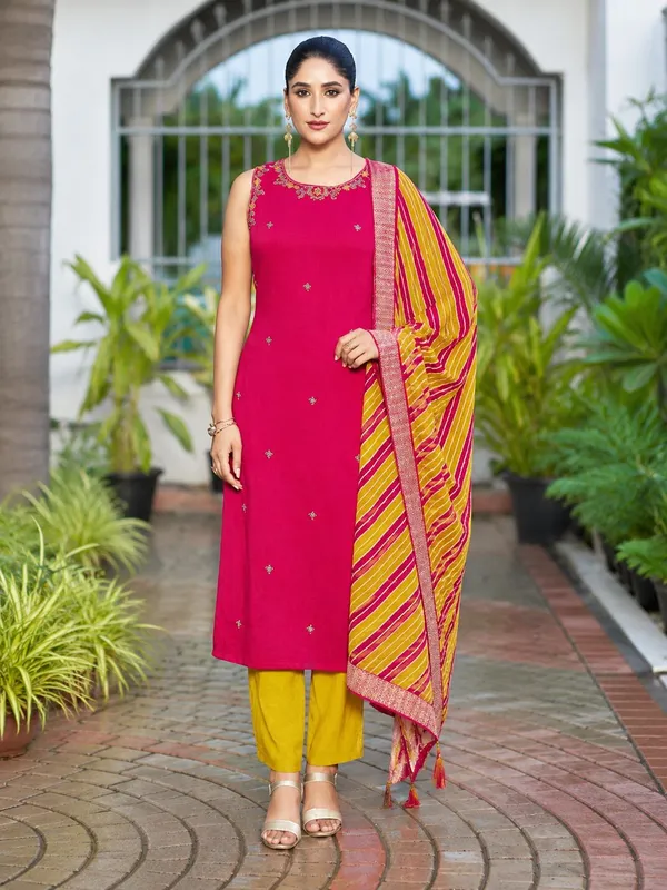 Pink_Cotton_Silk_Embroidered_Kurta_Set_With_Striped_Dupatta_For_Women