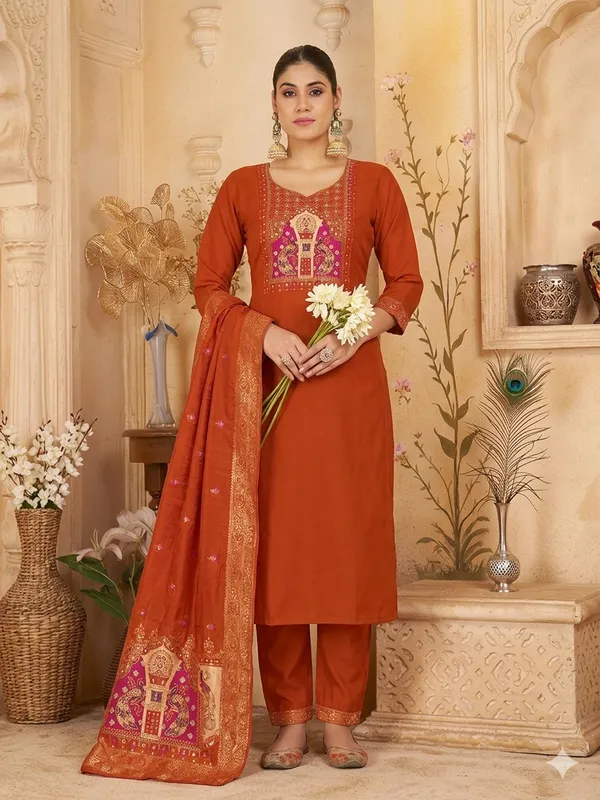 Orange_Silk_Embroidered_Straight_Kurta_Set_With_Dupatta_For_Women