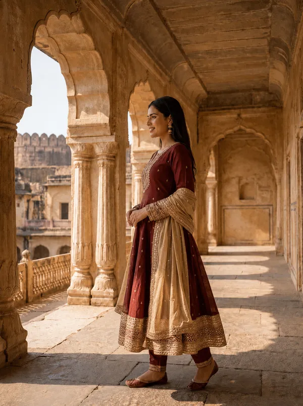 Maroon_Polyester_Silk_Embroidered_Anarkali_Suit_Set_With_Golden_Dupatta_For_Women