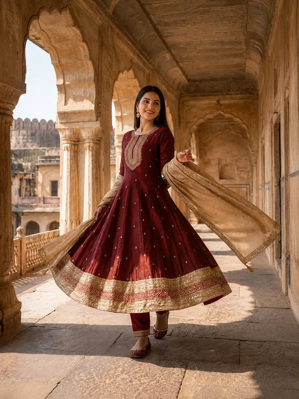 Maroon_Polyester_Silk_Embroidered_Anarkali_Suit_Set_With_Golden_Dupatta_For_Women