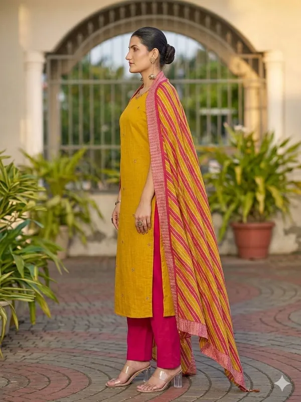 Mustard_Yellow_Cotton_Straight_Kurta_Set_With_Striped_Dupatta_For_Women