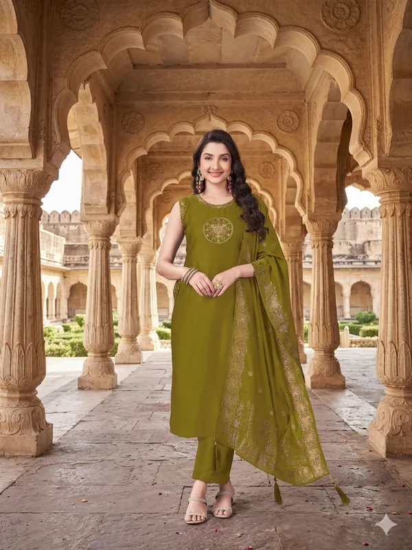Olive_Green_Silk_Sleeveless_Embroidered_Kurta_Set_With_Dupatta_For_Women
