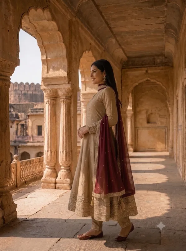Beige_Polyester_Silk_Embroidered_Anarkali_Suit_Set_With_Maroon_Dupatta_For_Women