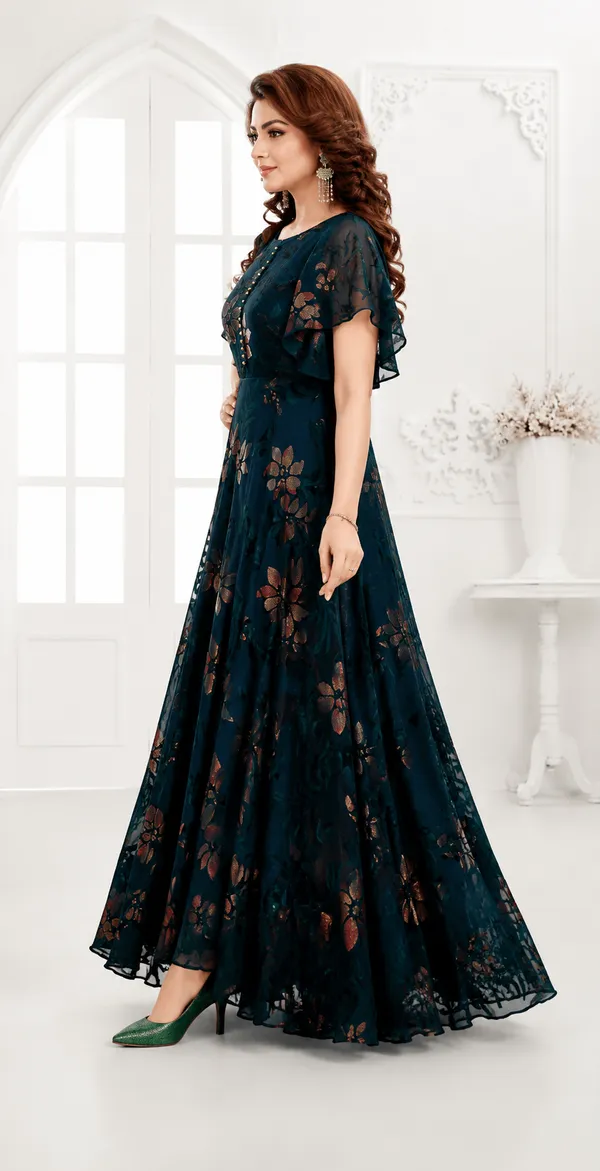 Teal_Green_Silk_Floral_Printed_Flutter_Sleeve_Anarkali_Gown_For_Women