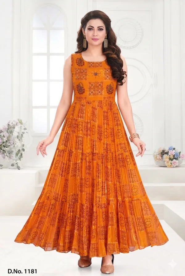 yellow_Polyester_Chiffon_Printed_Anarkali_Dress_For_Women_with_sleeves_included_inside